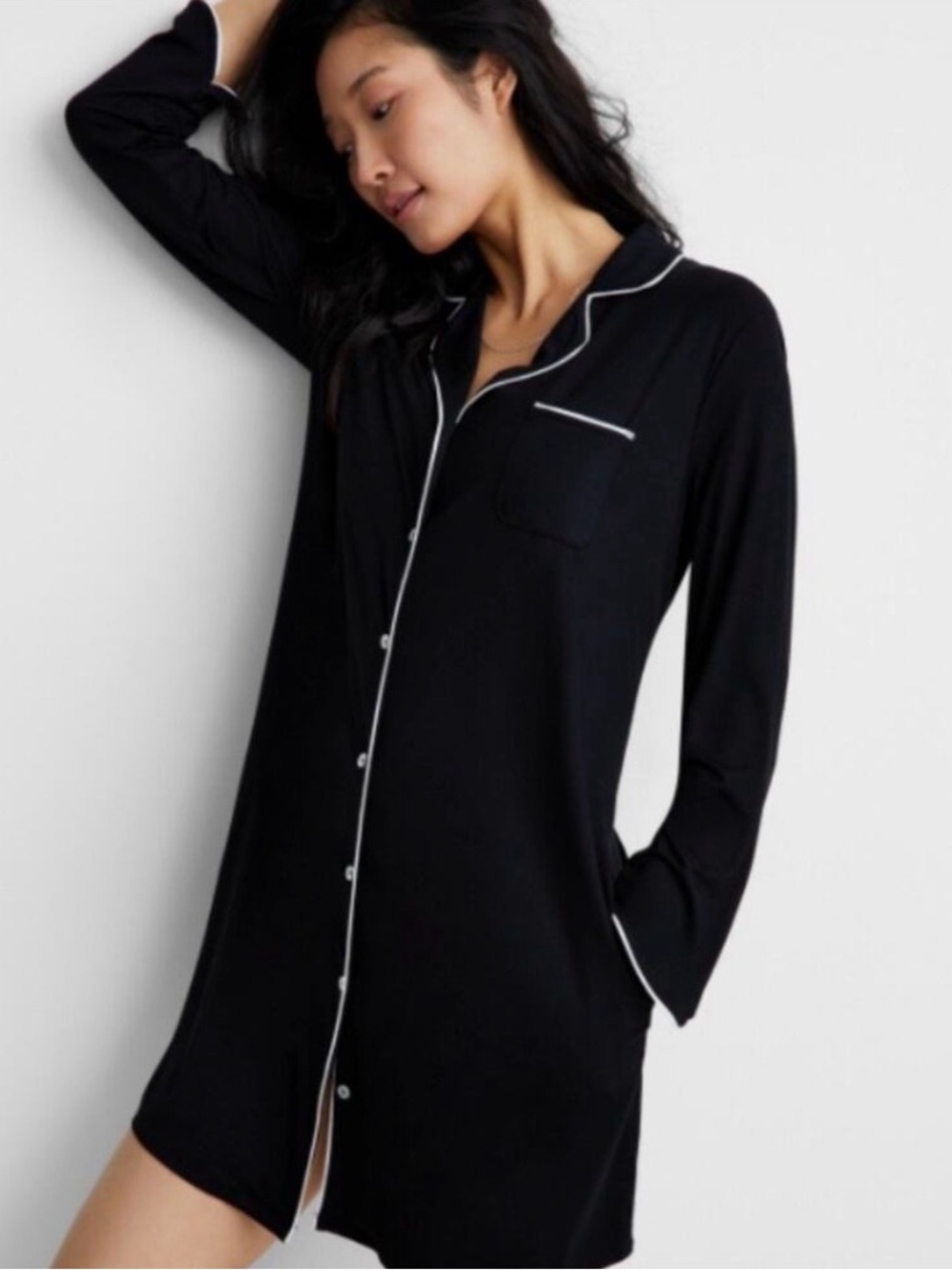 Black Long Sleeve Nightshirt with Contrast Piping